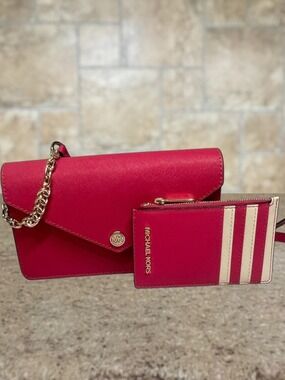 Michael Kors Small Envelope Crossbody Bag & Card Case Wallet Set Electric Pink